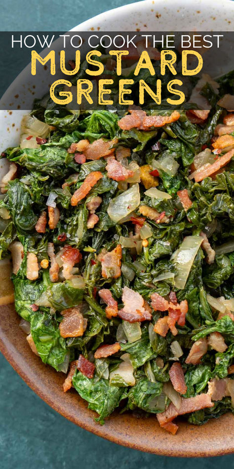 These Mustard Greens with Bacon make the best quick, healthy side dish! Learn how to cook mustard greens perfectly with this low-carb recipe and step-by-step guide. Griddle Breakfast, Cooking Mustard Greens, Greens With Bacon, Greens Recipe Soul Food, Southern Collard Greens, Southern Potato Salad, Collard Greens Recipe, Southern Cooking Recipes, Collard Green