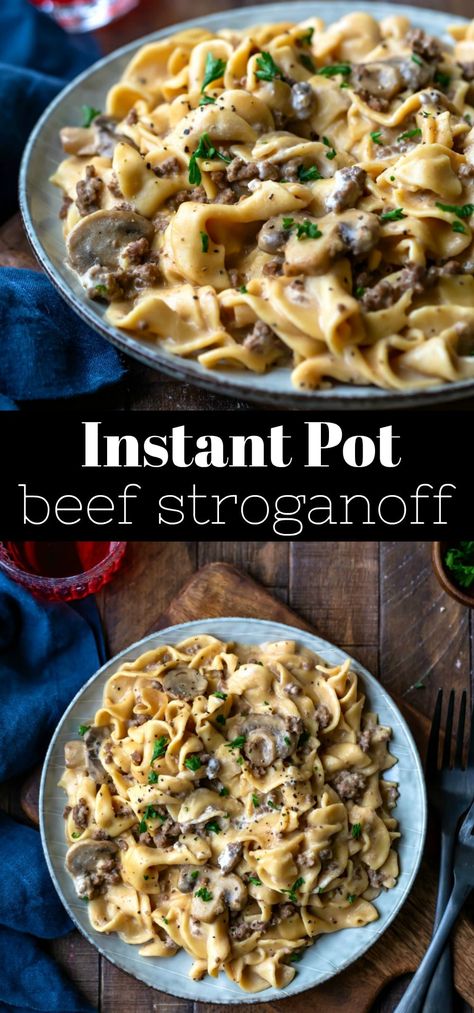 Instant Pot Beef Stroganoff Recipe - easy dinner recipe! This ground beef stroganoff recipe that's ready in about 30 minutes. Pressure Cooker Beef Stroganoff, Ground Beef Stroganoff Recipe, Instant Pot Beef Stroganoff, Stroganoff Beef, Easy Recipes For Dinner, Beef Recipes For Dinner Easy, Dinner Recipes With Ground Beef, Beef Stroganoff Recipe, Recipes For Dinner Easy