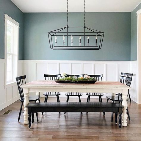 Love this modern farmhouse dining room with board and batten walls. Home inspiration #Regram via @www.instagram.com/p/CFXGniZnbNg/ Dining Room Wall Color, Dining Room Accent Wall, Dining Room Wainscoting, Dining Room Paint Colors, Dream Dining Room, Modern Farmhouse Dining Room, Dining Room Accents, Dining Room Paint, Dining Room Remodel