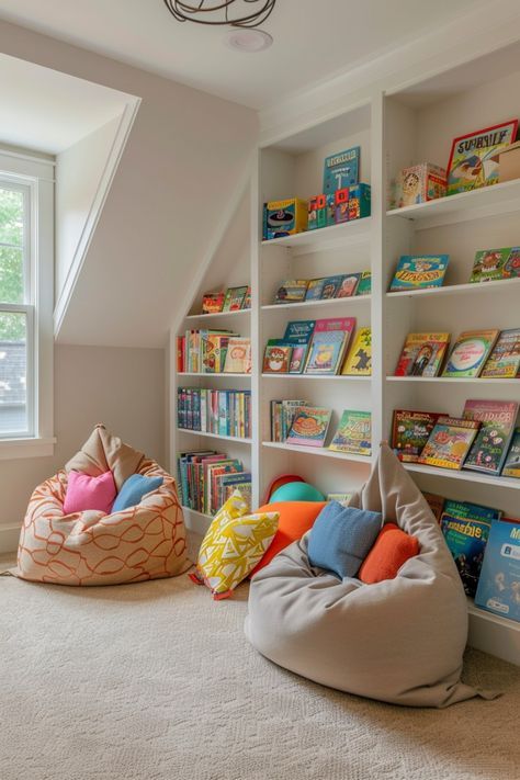 Playroom Book Nook, Library And Playroom, Teenage Playroom Ideas, Playroom Loft Ideas For Kids, Playroom Interior Design, Older Kids Playroom, Kids Loft Playroom, Attic Playroom Ideas Sloped Ceiling, Basement Playroom Ideas Family Room