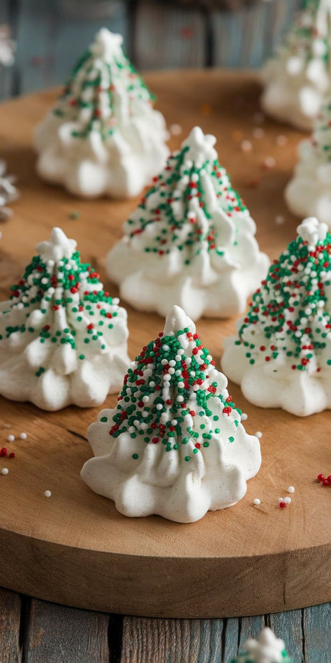 Celebrate the season with these charming Christmas Tree Meringue Cookies! Light and airy, these festive confections are perfect for gifting or adding a sweet touch to your holiday festivities. A delightful treat that everyone will love! Christmas Meringues Cookies, Pecan Meringue Cookies, Air Fryer Meringue Cookies, Meringue Christmas Tree Cookies, Meringue Trees Christmas, Italian Meringue Cookies, French Meringue Cookies, Holiday Meringue Cookies, Tree Meringue Cookies