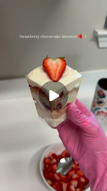 Shooters Desserts Recipes, How To Make Shooter Desserts, Strawberry Cheesecake Shots, Cream Cheese Shooters, Shooters Recipes Dessert, Strawberry Shortcake Shooters Recipe, Strawberry Cake Shooters, Tres Leches Cake Shooters, Individual Strawberry Shortcake Cups