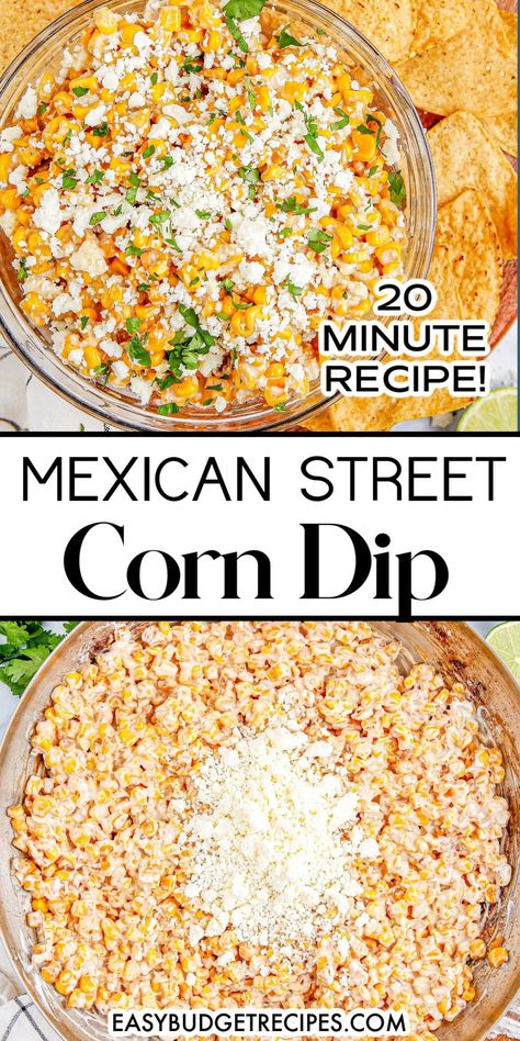 20-minute magic! This quick and easy Mexican Street Corn Dip is the perfect appetizer to liven up any gathering. Serve this side dish hot or cold. Follow us for more easy dips recipes! Easy Mexican Street Corn Dip, Corn Appetizers, Easy Mexican Street Corn, Mexican Corn Dip, Street Corn Dip, Mexican Street Corn Dip, Cold Dip Recipes, Street Corn Recipe, Corn Dip Recipes