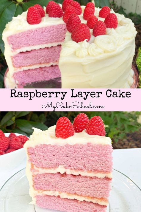 Moist and delicious Raspberry Layer Cake from scratch! This recipe is SO delicious! Snacking Cakes, Raspberry Layer Cake, My Cake School, Raspberry Cake Recipes, Cake Raspberry, Raspberry Desserts, Cake From Scratch, Fruity Cake, Recipes Cake