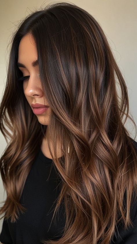 Hair Dye Balayage Dark Brown, Haircut With Hair Color, Brown Hair And Caramel Balayage, Dark Hair Brown Balayage, Dark Caramel Hair With Highlights, Dark Color With Highlights, Dye Brown Hair Ideas, All Over Brown Hair Color Fall, Ashy Caramel Balayage On Dark Hair