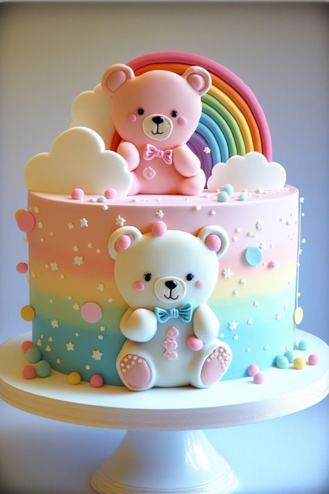 #bearcake #cakeideas #cakes Rainbow Teddy Bear Cake, Teddy Cake Birthday, Rainbow Cake Designs, 1st Birthday Cake Designs, Teddy Bear Birthday Cake, Teddy Cake, Simple Birthday Cake Designs, Makanan Cepat Saji, Creative Upcycling