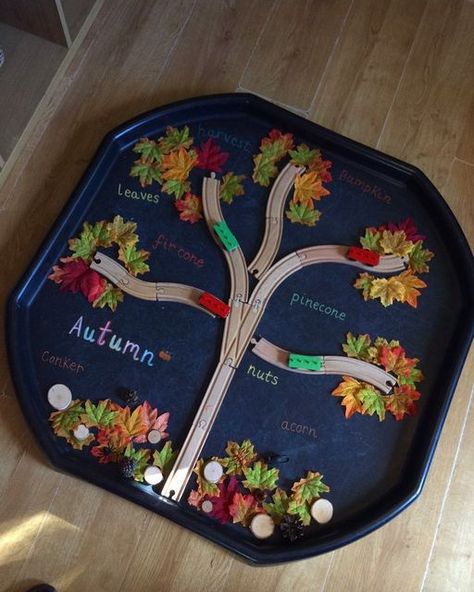 EYFS on Instagram: "Our autumn tray 🍂 Todays Tuff tray, is autumn themed! As it is the start of this season, I thought it would be lovely to incorporate this into our upcoming activities. In the tray I have imitated a tree using train track and scattered leaves along the ‘branches’. #counting #numbers #number #numberrecognition #matchingnumeraltoquantity #numerals #eyfs #eyfsideas #eyfsteacher #eyfsinspiration #numeracy #earlychildhoodeducation #earlyyears #earlyyearsideas #eyfsfun #tufftray Train Track Tree, Sensory Trays Eyfs, Autumn Counting Activities Eyfs, Autumn Activities Nursery, Autumn Activities Eyfs Babies, Autumn Tuff Tray Activities, Fall Eyfs Activities, Harvest Festival Tuff Tray, Autumn Sensory Tuff Tray