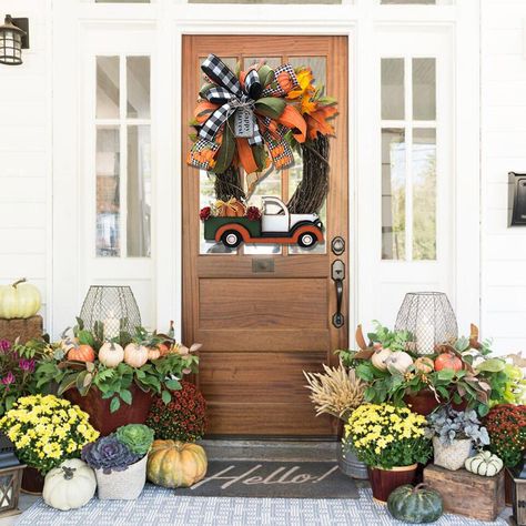 Fall Wreath for Front Door, 16 inch Door Wreath Truck Door Wreath, Autumn Harvest Porch Decor, Thanksgiving Farmhouse Decoration Indoor Outdoor Wreath with Ribbon Bow - Walmart.com Front Porch Spring, Pumpkin Patterns, Fall Floral Decor, Floral Door Wreaths, House Door, Harvest Wreath, Pumpkin Truck, Christmas Ornament Wreath, Outdoor Wreaths