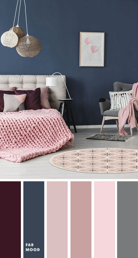 Beautiful bedroom color scheme : Purple + pink + Navy blue - Fabmood | Wedding Colors, Wedding Themes, Wedding color palettes Bedroom Color Scheme, Beautiful Bedroom Colors, تصميم داخلي فاخر, Hemma Diy, Bilik Tidur, Living Room Color Schemes, Bedroom Color, Room Color Schemes, Bedroom Color Schemes