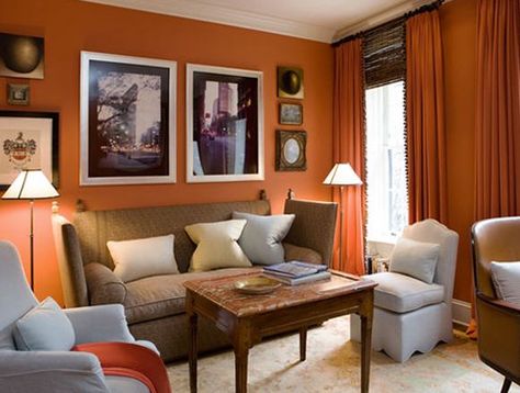 Living Room -Jeffrey Bilhuber  Interiors Orange Living Room Walls, Burnt Orange Living Room, Orange Rooms, Grey Interior Design, Room Wall Painting, Living Room Orange, Orange Walls, Red Rooms, Room Paint