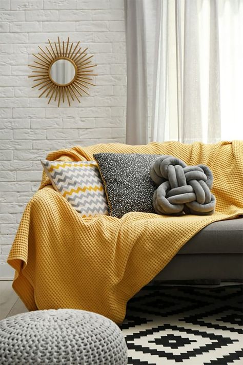 Grey And Yellow Living Room, Grey Sofa Living Room, Yellow Blankets, Latest Sofa Designs, Yellow Sofa, Yellow Living Room, Yellow Home Decor, Living Room Color Schemes, Yellow Decor