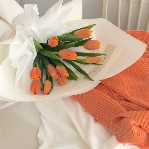 ig: youare_myflower Bouquet Of Tulips, Orange Tulips, Tulips, Orange, White