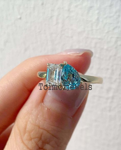 Ice Engagement Ring, Photography Items, Two Stone Ring, Jewelry Hacks, Pear Cut Engagement Rings, Blue Moissanite, Pear Shaped Ring, Silver Items, Cyan Blue