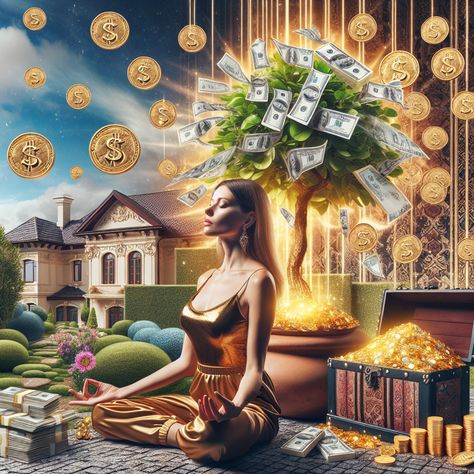 Experience the power of manifestation with our vibrant image of overflowing wealth. It features a meditator, with an aura speckled with treasures, showing money manifesting from thought. Learn more about wealth manifestations below! #WealthManifestation #LawOfAttraction #Meditation #FinancialFreedom #PositiveThinking #Visualisation Wealth Vision Board Money, Money Manifestation Vision Board, Money Overflow, Power Of Money, Dollars Money Wallpaper, Abundance Images, Zodiac Leo Art, Spirituality Energy Universe, Meditation Guide