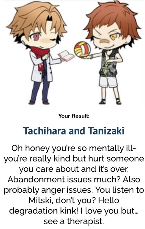 THE DESCRIPTION IS WAY TOO ACCURATE ????!! quiz is linked btw ‼️😋 Bsd Quizzes, Danganronpa Quiz, Bsd Quiz, Tanizaki Bsd, Tachihara Bsd, Japanese Core, Dog Quiz, Random Quizzes, Dating Quiz