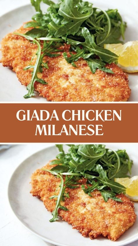 Giada Chicken Milanese Healthy Chicken Milanese Recipe, Chicken Vesuvio Recipe Giada, Milanese Chicken Recipes, Dean And Deluca Recipes, Crispy Chicken Milanese, Healthy Dinner Recipes Italian, Lifewithjanet.com Recipes, Baked Chicken Milanese Recipe, Chicken Milanese With Arugula Salad