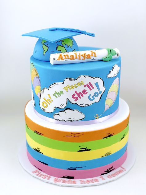 Oh The Places Youll Go Cake Graduation, O The Places You Will Go Graduation, Elementary School Graduation Cake, Graduation Cake Preschool, Oh The Places Youll Go Graduation, Oh The Places You’ll Go Backdrop, Oh The Places You Will Go Cake, Oh The Places You Will Go Graduation Party, The Places You Will Go Graduation