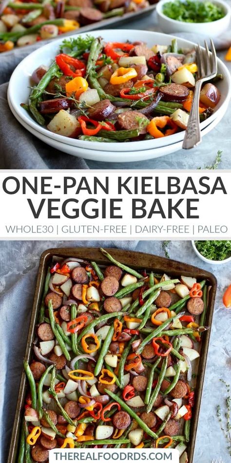 Dairy Free Dinner Recipes, Veggie Bake, One Pan Dinner Recipes, Whole30 Dinner, Dairy Free Recipes Dinner, Dinners Easy, Kielbasa Recipes, Whole30 Dinner Recipes, Whole30 Dinners