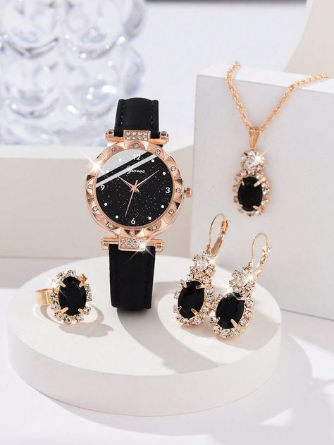 5pcs Ladies Watch Black Fashionable Ladies' Leather Strap Quartz Watch, Oval Rhinestone Pendant Necklace, Stud Earrings, Ring Set For Casual Occasions  Casual     Watch Set   Women Watches, size features are:Bust: ,Length: ,Sleeve Length: Ladies Jewellery Accessories, Ladies Watches Luxury, Elegant Watches Women, Latest Women Watches, Stylish Jewelry Accessories, خواتم خطوبة, Pretty Watches, Hand Chain Jewelry, Ladies Jewellery