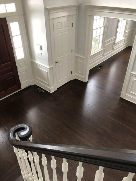 This floor received a stunning makeover by New England Custom Floors! They first applied Tobacco and Cocobolo Pro Floor Stain before applying Pro Sealer and sealing with Pro Shield Flooring Topcoat. Dark Oak Flooring, Dark Wooden Floor, Floor Makeover, Victorian Floor, Hardwood Floors Dark, Wood Finishing, Floor Stain, Refinishing Floors, General Finishes