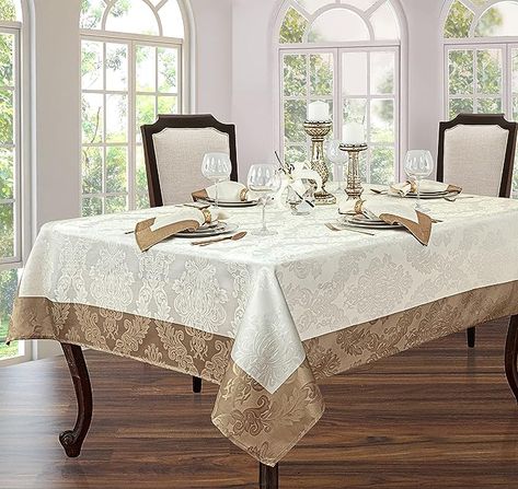 Amazon.com: Newbridge Valencia Two Tone Bordered Damask Fabric Tablecloth, Wrinkle and Stain Resistant Fine Dining Holiday Hotel Quality Tablecloth, 52 Inch x 52 Inch Square, Antique Ivory/Gold : Home & Kitchen Christmas Table Covers, Damask Design, Plaid Tablecloth, Damask Fabric, Holiday Hotel, Round Table Covers, Rectangle Tablecloth, Tablecloth Fabric, Christmas Table Cloth