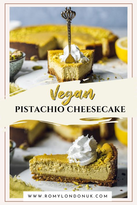 A vegan cheesecake full of nutty flavours! This vegan pistachio cheesecake is perfect for any occasion - made with a nutty pistachio, oat and date base and filled with a wonderfully smooth and creamy pistachio cheesecake filling, baked to perfection! #pistachio #cheesecake #veganbaking Vegan Pistachio Cheesecake, Pistachio Dessert Vegan, Vegan Pistachio Recipes, Vegan Pistachio Cake, Lactose Free Cheesecake, Pistachio Cheesecake Recipe, Pistachio Filling, Vegan Pistachio, Tarte Vegan