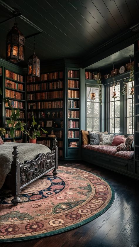 Midnight Escapes: Dark Cottagecore Bedroom Aesthetic — Coastal Cottage by Celeste Cottage Core Aesthetic Interior, Witch Cottage Interior Bedroom, Gothic Cottage Aesthetic, Cottage Core Academia Aesthetic, Cottage Core Dark Academia Room, Witchy Cottage Core Decor, Cottage Core Dark Academia Bedroom, Dark Cottage Core Interior Design, Vintage Bedroom Inspo Aesthetic