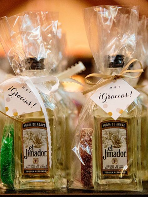 Mexican inspired wedding favor | little bottles of tequila with sour lime wedge candy! Tracey Buyce Photography @mazzonehosp Mexican Wedding Favors, Charro Wedding, Mexican Theme Wedding, Mexican Inspired Wedding, Mexican Themed Weddings, Fiesta Wedding, Mexican Party Theme, Elegant Wedding Favors, Tequila Bottles