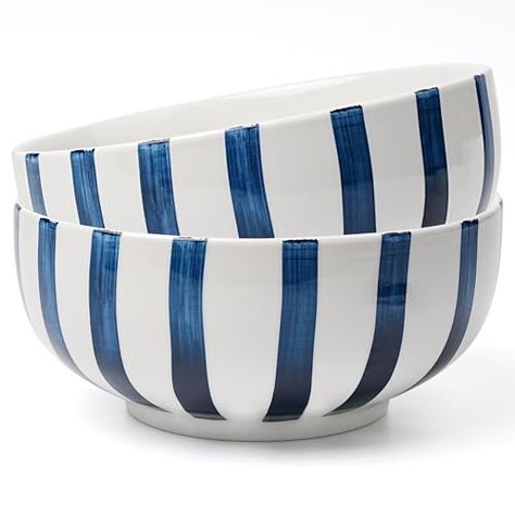 Large Ceramic Bowl, Serving Dishes For Entertaining, Underglaze Techniques, Blue And White Dishes, Salad Bowls Ceramic, Soup Bowls Ceramic, Striped Bowl, Large Salad, Serving Bowl Set