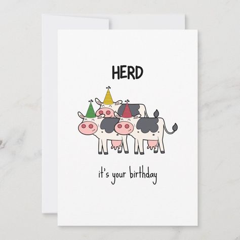 Funny Cow Herd Pun Birthday Card | #funny #pun #illustration #birthday #humor #cool #joke #herd #cows #minimalist Diy Pun Birthday Cards, Funny Animal Birthday Cards, Birthday Card Puns Friends, Funny Handmade Cards, Funny Watercolor Birthday Cards, Funny Diy Cards, Funny Handmade Birthday Cards, Dad Joke Birthday Card, Birthday Puns Funny