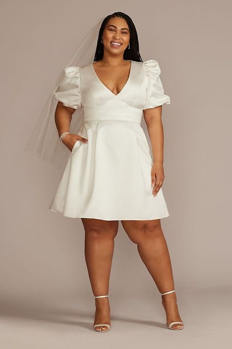 Wedding Dresses - DB Studio Short Satin Puff Sleeve Dress with Empire Waist Style # SDWG1089 – View Image 1 Plus Size Bachelorette Outfit For Bride, Plus Size Elopement Dress, Satin Puff Sleeve Dress, Plus Size Wedding Dress Short, Puff Sleeve Plus Size, Bridal Satin Dress, Civil Wedding Dresses, Mini Wedding Dresses, Curvy Bride