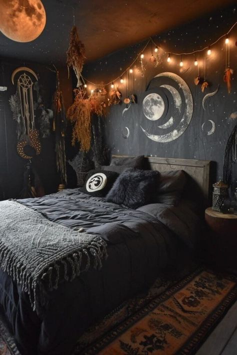 Moon Bedroom Ideas, Witch Bedroom Ideas, Witchy Bedrooms, Witch Bedroom Aesthetic, Witchy Bedroom Aesthetic, Witch Room Aesthetic, Witchy Bedroom Decor, Witch Aesthetic Bedroom, Magical Interior