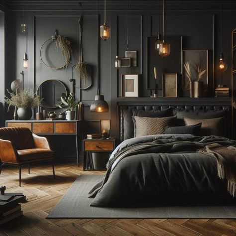 Masculine Bedroom Masculine Elegant Bedroom, Masculine Wood Bedroom, Men’s Industrial Bedroom, Black Cabin Bedroom, Dark Interior Design Luxury Bedroom, Moody Loft Bedroom, Masculine Wall Decor Bedroom, Bachelor Decor Masculine Interior, Masculine Bedroom Colors Colour Schemes