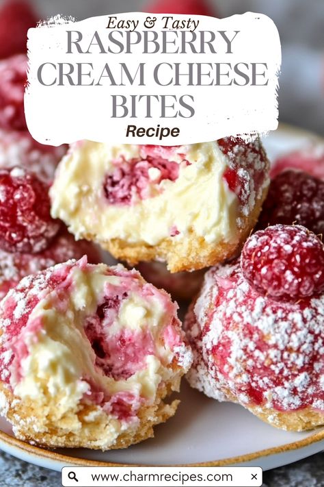 Delicious Raspberry Cream Cheese Bites Savory Treats Snacks, Raspberry Cream Dessert, Best Desserts For Parties, Yum Yums Recipe Sweet Treats, Irresistible Cream And Berry-filled Pastry Balls, Baking Recipes Raspberry, Easy Desserts For Holidays, Raspberry Sour Cream Pie, Lemon Raspberry Swirl Cheesecake Cups