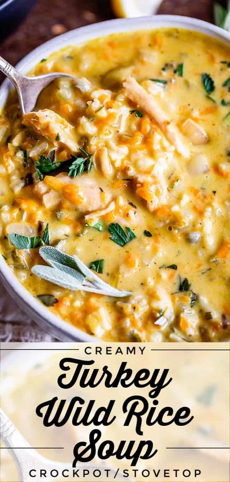 Creamy Turkey Wild Rice Soup recipe from The Food Charlatan! Use your leftover turkey and herbs from Thanksgiving to make a satisfying and healthy soup that is just what you need after all the carb loading you did on Thursday. (I know you.) The hint of lemon and the shredded carrots make this soup really unique and flavorful! #turkey #thanksgiving #christmas #broth #stock #carrots #creamy #crockpot #slowcooker #recipes #leftover #easy #healthy #homemade #carrots #lemon #leftovers #stovetop Wild Rice Soup Crockpot, Rice Soup Crockpot, Salad Combinations, Turkey Wild Rice Soup, Turkey Rice Soup, Wild Rice Soup Recipes, Carb Loading, Turkey Soup Recipe, The Food Charlatan