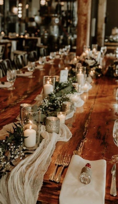 Non Flower Wedding Decorations, Small Wedding Centerpiece Ideas, Wedding Wood Table Decorations, Table Centerpieces Wedding Long Table, Tan And Green Wedding Decor, Wedding Eucalyptus Table, Rustic Table Settings Wedding, Diy Outdoor Wedding Centerpieces, Wood Table Tablescape