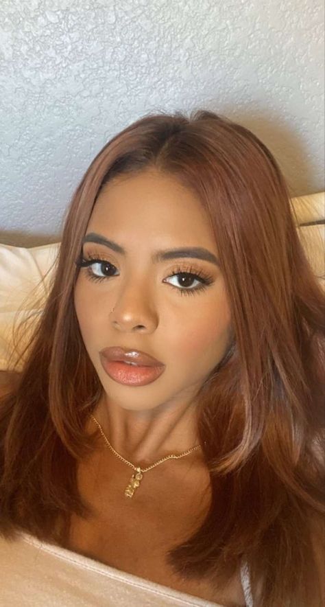 Fall Hair Dark Skin, Hair Color Ideas Orange Brown, Dyed Hair For Olive Skin, Maple Brown Hair On Black Women, Cinnamon Hair Color On Brown Skin, Copper Brown Hair Olive Skin, Highlights Honey Brown Hair, Black Skin Hair Color Ideas, Dye Hair For Brown Skin