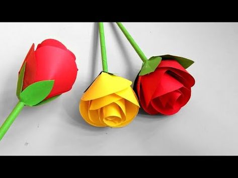 How To Make Paper Rose Flower - Bunga Mawar Dari Kertas Origami - Cara Membuat Bunga Dari Kertas - YouTube Tutorial Origami, How To Make Rose, Diy Flores, Rose Crafts, Origami Rose, Paper Flower Crafts, How To Make Paper Flowers, Paper Flowers Craft, Paper Flower Wall