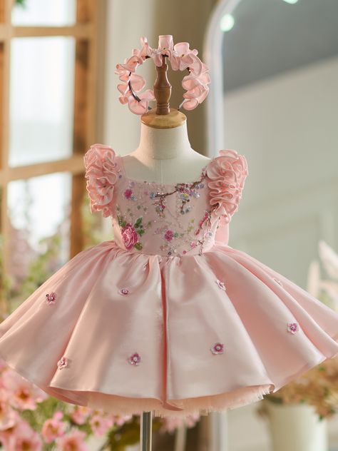 Floral Embroidery Sequins Tulle Knee-length Pink Baby Girl Dress Baby Girl Dress Design Kids Fashion, Birthday Frocks For Baby Girl, 1st Birthday Dress For Baby Girl, Fancy Toddler Dress, 1st Birthday Girl Dress, Birthday Frocks, Straight Wedding Dresses, Baby Dress Embroidery, Baby Fancy Dress