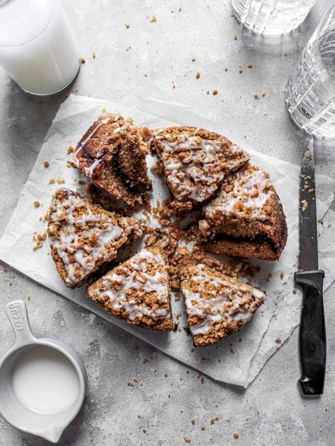 This 6 inch coffee cake is not only adorable, it's bakery-level delicious! It has everything we know and love from a regular coffee cake- Mini Coffee Cake, Crepe Ingredients, Batch Baking, Homemade Crepes, Powdered Sugar Icing, Fluffy Cake, Sweet Crepes, Ice Cream Mix, Cake Storage