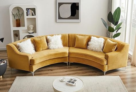 Amazon.com: Gold Velvet Curved Sofa : Home & Kitchen Small Curved Sofa, Curved Couch, Tufted Couch, Curved Sectional, Sofa Velvet, Upholstered Couch, Tufted Sofa, Modular Sectional Sofa, Curved Sofa