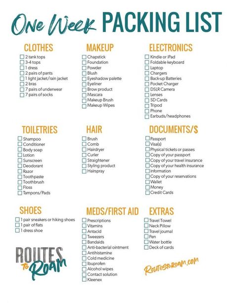 One Week Packing Checklist for a week long vacation - A printable packing list to keep you organized when you travel #packinglist #packing #travel #traveltips #organization One Week Packing List, Week Packing List, Beach Vacation Packing, Printable Packing List, Travel Packing Checklist, Ultimate Packing List, Road Trip Packing List, Beach Packing, Road Trip Packing