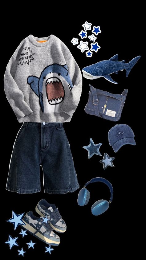 Shark Outfit Ideas, Shark Aesthetic Outfits, Dark Blue Alt Outfit, Blue Grunge Aesthetic Outfit, Ocean Core Clothes, Shark Core Outfits, Watercore Outfits, Shark Inspired Outfit, Shark Hoodie Outfit