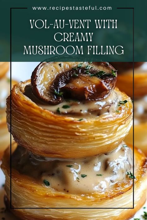 Delight in these elegant Vol-au-Vents filled with a rich and creamy mushroom mixture. Perfect as an appetizer or a light main course, this dish combines flaky puff pastry with savory mushrooms and a hint of Dijon mustard for a gourmet experience. Vol Au Vent Recipe, Mushroom Vol Au Vent, Mushroom Filling, Vegetarian Chicken, Classic French Dishes, Pastry Shells, French Dishes, Vegan Main Dishes, Flaky Pastry