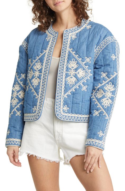 Treasure & Bond Soutache Embroidered Quilted Cotton Jacket available at #Nordstrom Cotton Twill Jacket, Denim Quilt, Quilt Jacket, Twill Jacket, Embroidered Jacket, Jacket Pattern, Fall Jackets, Cotton Jacket, Striped Linen