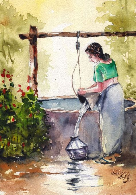 Watercolor Painting Composition, Indian Composition Painting, Human Composition Drawing Watercolor, Life Style For Environment Drawing, Subject Drawing Watercolor Painting, Human Composition Painting Watercolour, Potrait Paintings Canvas, Simple Watercolor Paintings Nature, Easy Composition Painting