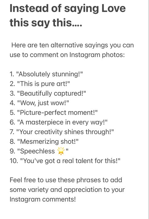 Words To Comment On Instagram Post, Comment On Friends Post Instagram, Comments For Birthday Post, Compliments For Pictures, Thank You On Instagram Comments, Good Comments For Friends Post, Comment To Post On Friends Post, One Word Comments For Instagram Pic, Gorgeous Comments For Instagram