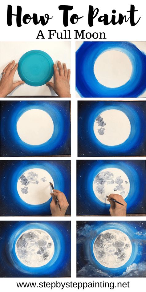 Moon Painting - Step By Step Acrylic Painting Tutorial - With Pictures Learn how to paint a moon step by step. This moon canvas painting tutorial will guide you through each step with pictures and video. #stepbysteppainting #traciekiernan Painting The Moon, Step By Step Acrylic Painting, Canvas Painting Tutorials, Simple Canvas Paintings, Moon Painting, Canvas Painting Diy, Acrylic Painting Tutorials, Simple Acrylic Paintings, Step By Step Painting