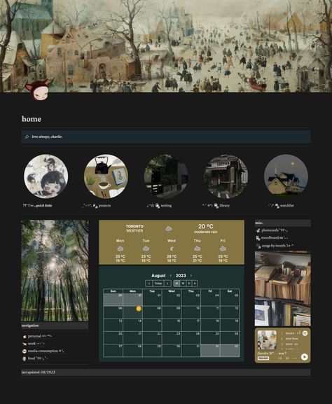 Notion Dashboard Ideas Aesthetic Dark, Vintage Notion Template, Notion Templets, Dark Notion, Notion Dashboard Ideas Aesthetic, Notion Dashboard Ideas, Notion Home Page, Notion Agenda, Notion Pictures