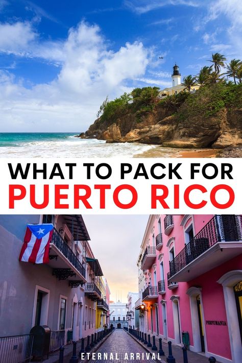 photo of a puerto rican beach on top, bottom photo of the streets of san juan with a puerto rican flag at sunset. text reads 'what to pack for puerto rico' Outfit For Puerto Rico Vacation, Airport Outfit To Puerto Rico, Outfits To Wear To Puerto Rico, Puerto Rico Trip Packing List, What To Pack For Puerto Rico Vacation, Puerto Rico Travel Checklist, What To Wear In Puerto Rico In April, Puerto Rico In March, Puerto Rico Plus Size Outfits